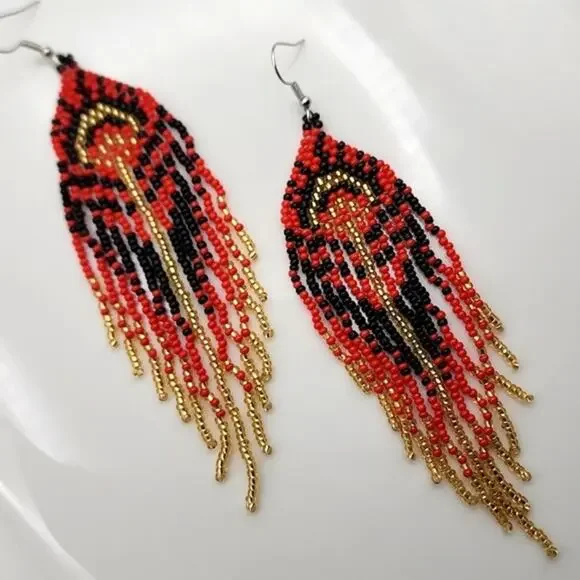 Mayan Sunburst Red Boho Beaded Fringe Earrings - Picture 2 of 3